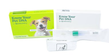 Öcala, FL 3-11-2024 Evcil hayvan köpek ya da kedi DNA 'nızı atalarından alınan örneklerle tanıyın. Yeşil ve beyaz kutular, geri dönüş paketi, toplama çantası ve temizleme bezi. Beyaz arkaplanda izole