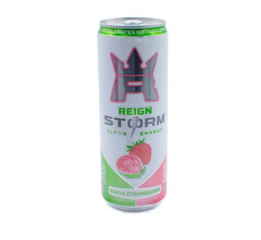 Ocala, FL March 22, 2024 Can of Reign Storm clean energy drink, accelerates metabolism. guava strawberry flavor. Green and red aluminum tin can isolated on white background clipart