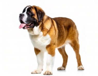 Saint St. Bernard köpeği - Canis lupus familiaris - İtalya ve İsviçre 'deki Batı Alpleri' nden gelen çok büyük bir evcil hayvan türü, beyaz arka planda tamamen kameraya ve kafaya bakarak izole edilmiş.