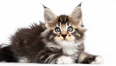 Portrait of domestic Maine Coon kitten - almost 1 month old. Cute young cat laying and looking at camera. Curious young striped tabby kitty isolated on white background clipart