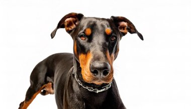 Doberman pinscher köpeği - Canis lupus familiaris - beyaz arka planda izole edilmiş büyük ince kaslı evcil hayvan. Kesilmemiş normal kulaklar, kahverengi ve siyah renkler kameraya bakıyor.