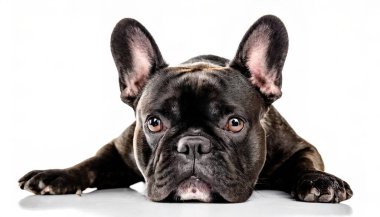 Fransız Bulldog fransızı - Canis lupus familiaris - şirin gri renkli genç yetişkin beyaz arka planda izole edilmiş kameranın ön ayaklarına bakıyor ön yüz manzarasına yayılmış
