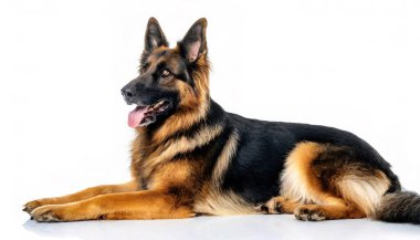 Alman çoban köpeği - Canis lupus familiaris - Amerika 'da polis gücü için yetiştirilen evcil hayvan. Beyaz arka planda izole edilmiş, kameradan uzağa bakıyor.