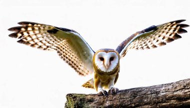 barn owl - Tyto alba - landing on wood branch with wings spread out looking at camera, moon disc facial feature isolated on white background clipart