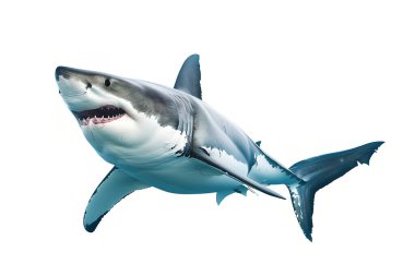 Büyük beyaz köpekbalığı - Carcharodon carcharias - yüzerken tam görüş, yüz ve dişler beyaz arka planda izole tüm yüzgeçler ve solungaçlar göstermektedir