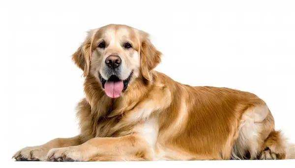 Golden Retriever dog - Canis lupus familiaris - beyaz arka planda soluk soluğa kalan, uzanan ve kameraya doğru bakan çocuklar için iyi bir aile hayvanı.