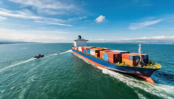 side view of cargo maritime ship with contrail in the ocean ship carrying container and running for export concept technology freight shipping by ship forwarder mast