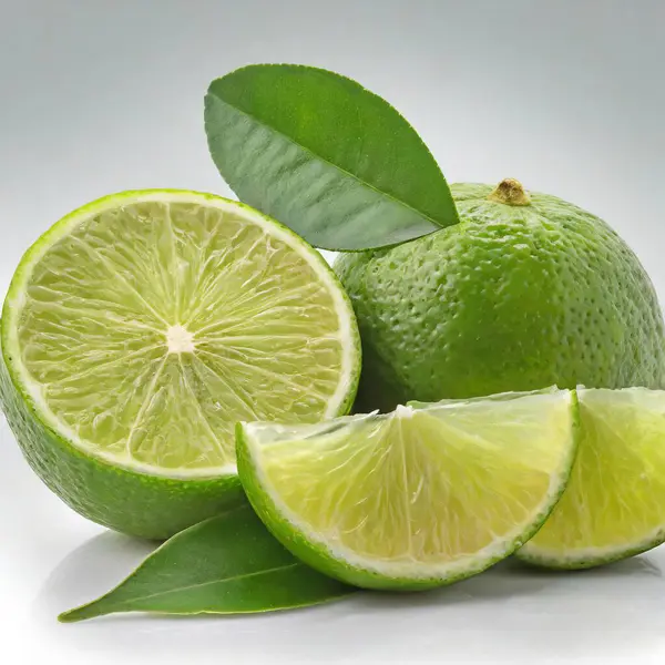 bright green limes, full and sliced wedges isolated on white background with green leaf