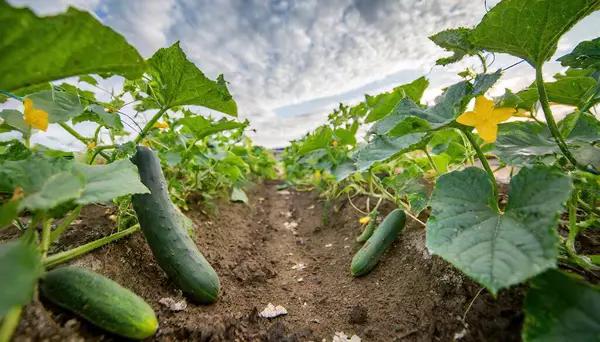 Salatalık - salatalık sativus - besin değeri yüksek toprak veya toprak içinde büyüyen yeşil yapraklı taze lezzetli sebzeler, boş sıra alan ile insan tüketim tarafından görülmek üzere toplanmaya hazır.