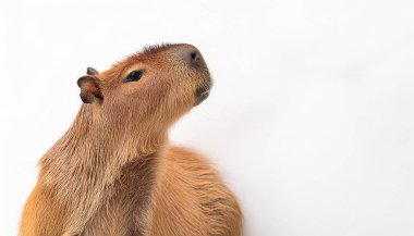 Hydrochoerus hydrochaeris, Güney Amerika 'ya özgü dev bir mağara kemirgeni ve yaşayan en büyük kemirgen olan Hydrochoerus cinsi. Başı ve yüzü kopyalama alanı olan beyaz arkaplanda izole edildi