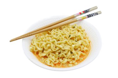 Hot chicken flavor ramen Samyang hot chicken stir fried ramen carbonara noodles with Italian flavors blend of spice, cream and cheese from Korea isolated on white background clipart