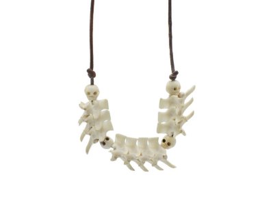 Doğu elmacık sırtlı yetişkin bir çıngıraklı yılanın kemiklerinden yapılmış omurga ya da omurga kemiği - crotalus adamanteus - yolda ölen hayvan ya da DOR 'dan, kemikten yapılmış minyatür kafataslarından yapılmış deri kordon