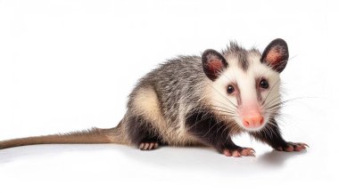 Genç Virginialı keseli sıçan ya da keseli sıçan Didelphis virginiana. Beyaz arka planda izole edilmiş bir kesesi olan ve kameraya bakan bir gece memelisi keseli hayvan..