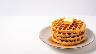 Ev yapımı Belçika waffle 'ı, çıtır çıtır kabuklu, tereyağı ve şurup, lezzetli yiyecekler. Beyaz arka planda izole edilmiş sıcak waffle ızgarasıyla yapıldı.