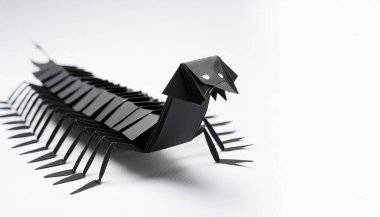 Hayvan konsepti kağıt origamisi, fotokopi alanı olan bir kırkayağın beyaz arka planında izole edilmiş. Hafta sonu eğlencesine çocuklar için basit bir başlangıç aracı.