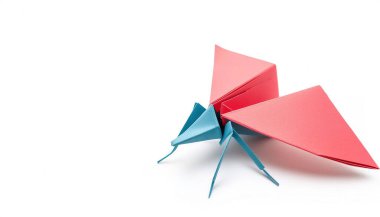 Bir sineğin beyaz arka planında izole edilmiş hayvan konsepti kağıt origami ya da fotokopi alanı olan ev sineği, hafta sonu eğlence için çocuklar için basit bir marş.