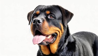 Rottweiler köpeği - Canis lupus familiaris - siyah ve turuncu renkli büyük cins evcil hayvan beyaz arka planda soluk soluğa kalmış, dili çıkmış.