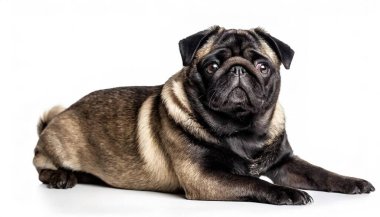 Genç Pug Dog - Canis familiaris lupus - sevimli bronz tenli ve siyah renkli beyaz arka planda kameraya bakarak izole edilmiş