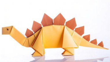 Nesli tükenmiş bir sürüngen ya da kuş konsepti origamisi, koruyucu arka plakaları ya da kalkanları olan bir Stegosaurus dinozorunun beyaz arka planında izole edilmiş, fotokopi alanı olan, çocuklar için basit bir başlangıç aracı.