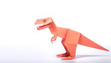 Nesli tükenmiş bir sürüngen ya da kuş konsepti origamisi, bir tyrannosaurus rex ya da T rex 'in beyaz arka planında izole edilmiş, fotokopi uzayıyla, çocuklar için basit başlangıç teknesi