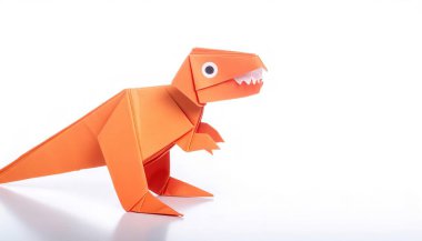 Nesli tükenmiş bir sürüngen ya da kuş konsepti origamisi, bir tyrannosaurus rex ya da T rex 'in beyaz arka planında izole edilmiş, fotokopi uzayıyla, çocuklar için basit başlangıç teknesi