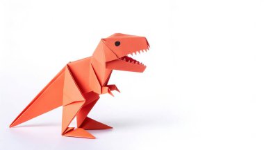 Nesli tükenmiş bir sürüngen ya da kuş konsepti origamisi, bir tyrannosaurus rex ya da T rex 'in beyaz arka planında izole edilmiş, fotokopi uzayıyla, çocuklar için basit başlangıç teknesi