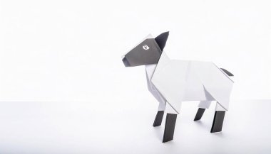 Hayvan konsepti origamisi, beyaz arka planda bir koyunun kopyalama alanı ile izole edilmiş. Eşitliği temsil eden ya da diğerlerini takip eden, masumiyet, saflık ve başkalarına kurban etme sembolü.