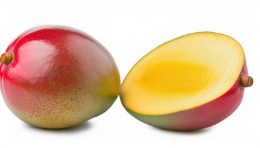 Mangifera indica, beyaz bir arka planda izole edilmiş. Tek bir düz, dikdörtgen çukuru olan çeşitli sarı, turuncu, kırmızı ya da yeşil meyveler.