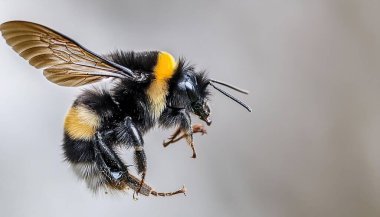 Vahşi Amerikan yaban arısı - Bombus Pensylvanicus - kanatlarını açıp havada uçuyor. Gri mavi arkaplan profili görünümünde izole edildi