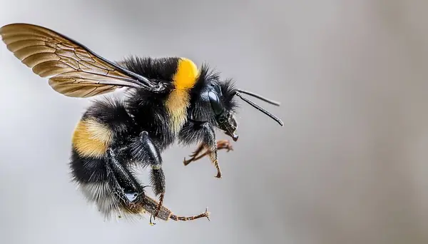 Vahşi Amerikan yaban arısı - Bombus Pensylvanicus - kanatlarını açıp havada uçuyor. Gri mavi arkaplan profili görünümünde izole edildi