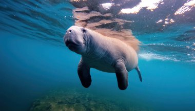 Batı Hint denizayısı - Trichechus manatus - Florida Crystal River 'daki üç kız kardeşin su altında yüzme kavramı