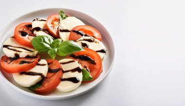 Klasik Caprese salatası yumuşak, kremsi taze mozzarella, sulu mevsimlik domatesler ve bol miktarda fesleğen yaprağı beyaz arka planda izole edilmiş balzamik sirke yağmuruyla servis edilebilir.