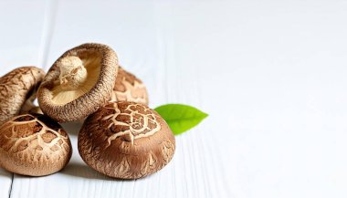 Shiitake mantarı - Lentinula edodes, Doğu Asya 'da yetişen ve tüm dünyada tüketilen yenilebilir bir mantar türüdür. Asya yemekleri sebze ve et suyu konsepti. Beyazda izole edilmiş