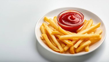 Patates kızartması, patates kızartması, patates kızartması ketçaplı ve ketçaplı patates kızartması. Kızarmış yiyecekler için en popüler meze sosu. Kopyalama alanı olan beyaz arkaplanda izole