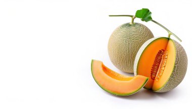 North American cantaloupe or musk melon, rock melon,  spanspek - Cucumis melo - is a type of true melon, eaten as a fresh fruit, as a salad, or as a dessert with ice cream or custard isolated on white clipart