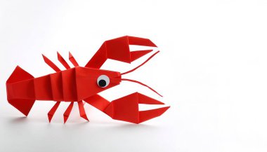 Büyük kırmızı Amerikan ıstakozunun hayvan konsepti origamisi - Homarus americanus - beyaz arka planda izole edilmiş, çocuklar için basit başlangıç sanatı