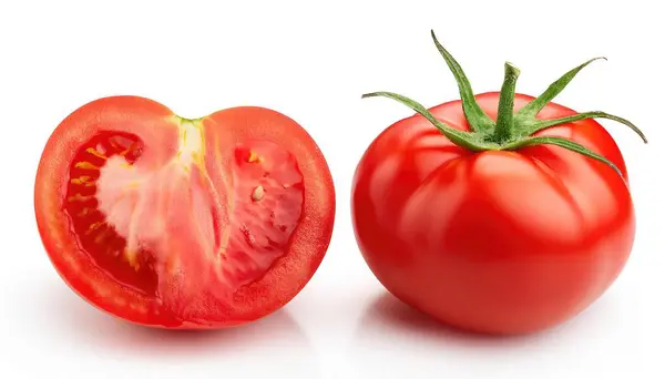 Kurutulmuş sarmaşık bifteği kırmızı domates - bitkinin yenilebilir meyvesi - Solanum lycopersicum - kesilmeye, pişirilmeye, yenmeye veya pişirilmeye hazır. beyaz arkaplanda izole