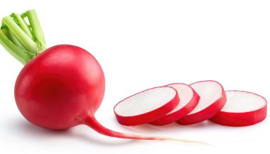 radish - Raphanus sativus - is a flowering plant in the mustard family used as a root vegetable, although the entire plant is edible including the leaves. isolated on white background with copy space clipart