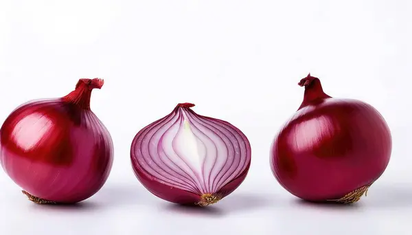 stock image Organic Sweet Red purple whole onion bulb, isolated on white background.  Used for cooking and flavoring of soup and meat dishes. Raw, fresh whole and cut straight from garden to the table