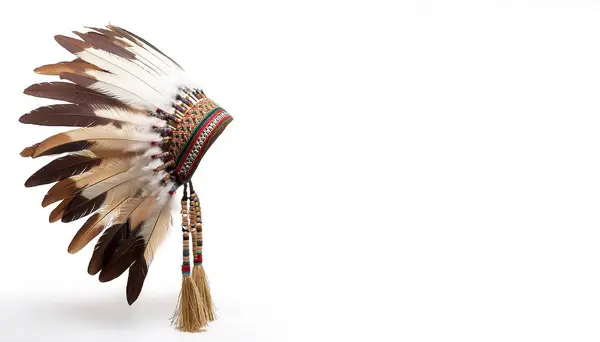 stock image Indian chief headdress native American ethnic feathers of various colors were tied together with cloth and animal skins strung together with colorful beads isolated on white background with copy space