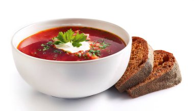 Borscht, a vibrant and flavorful red soup in Jewish cuisine, made with beets served hot or cold making it adaptable to different seasons and palates. Isolated on white background with copy space clipart