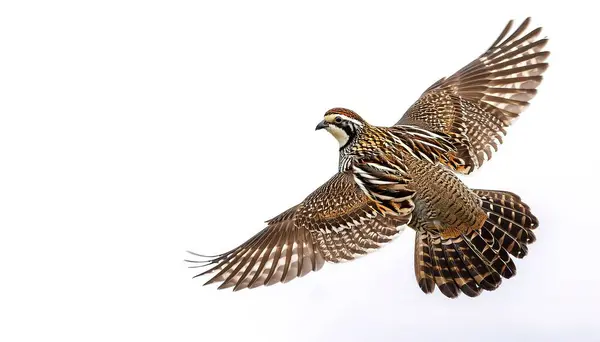 stock image male northern bobwhite quail - Colinus virginianus - flying in flight with wings open and extended isolated cutout on white background with copy space