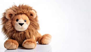 Bir Aslan Doldurulmuş Hayvan. Şirin, tapılası, peluş, yumuşak, arkadaş ve küçük erkek ve kız çocuklar için gece uykusu oyuncağı. Kopya alanı ile beyaz arkaplanda izole