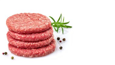 Raw uncooked ground hamburger round patty is a dish of ground meat, typically beef, sometimes turkey. typically placed inside a sliced bun or bread roll.  Isolated on white background with copy space clipart