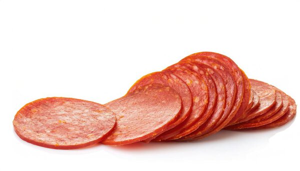 Sliced Pepperoni is a variety of spicy salami made from cured pork or beef seasoned with paprika and chili peppers. One of the most popular pizza toppings. Isolated on white background with copy space