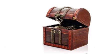 Wooden nautical Treasure Chest Storage Box with Hinged Lid, Decorative Trunk for Keepsakes, Vintage Pirate Chest. Isolated on white background with copy space clipart