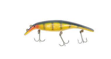 Swim Whizz, yellow belly Perch Color Muskie muskellunge or northern pike fishing lure with three treble hooks.  Old vintage fresh water angling equipment isolated on white background clipart