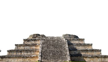 Ormanın derinliklerinde saklı olanlar da dahil olmak üzere Orta ya da Güney Amerika 'daki antik Maya şehir kalıntıları halka açıktır. Uzun zamandır kayıp medeniyet dekoratif taş cepheleri. Beyaz arkaplanda izole