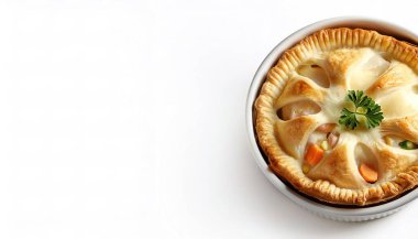 Chicken pot pie or potpie is a type of savory meat pie, covered by crust consisting of flaky pastry usually filled with pea and carrot pieces. Isolated on white background with copy space clipart