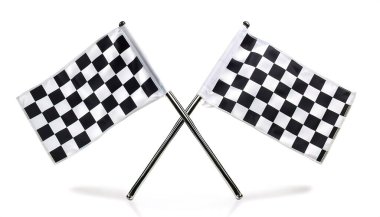 Siyah ve beyaz kareli ya da işaretli bayrak, yarışın resmen bittiğini göstermek için başlangıç çizgisinde sergileniyor. Kopya alanı ile beyaz arkaplanda izole.